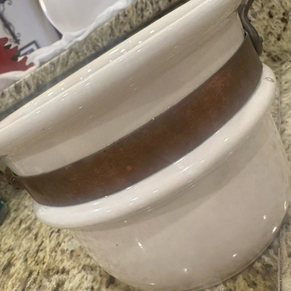 B & M Douro Double Boiler Insert Ironstone Copper Band Brass Handle Pot Vintage